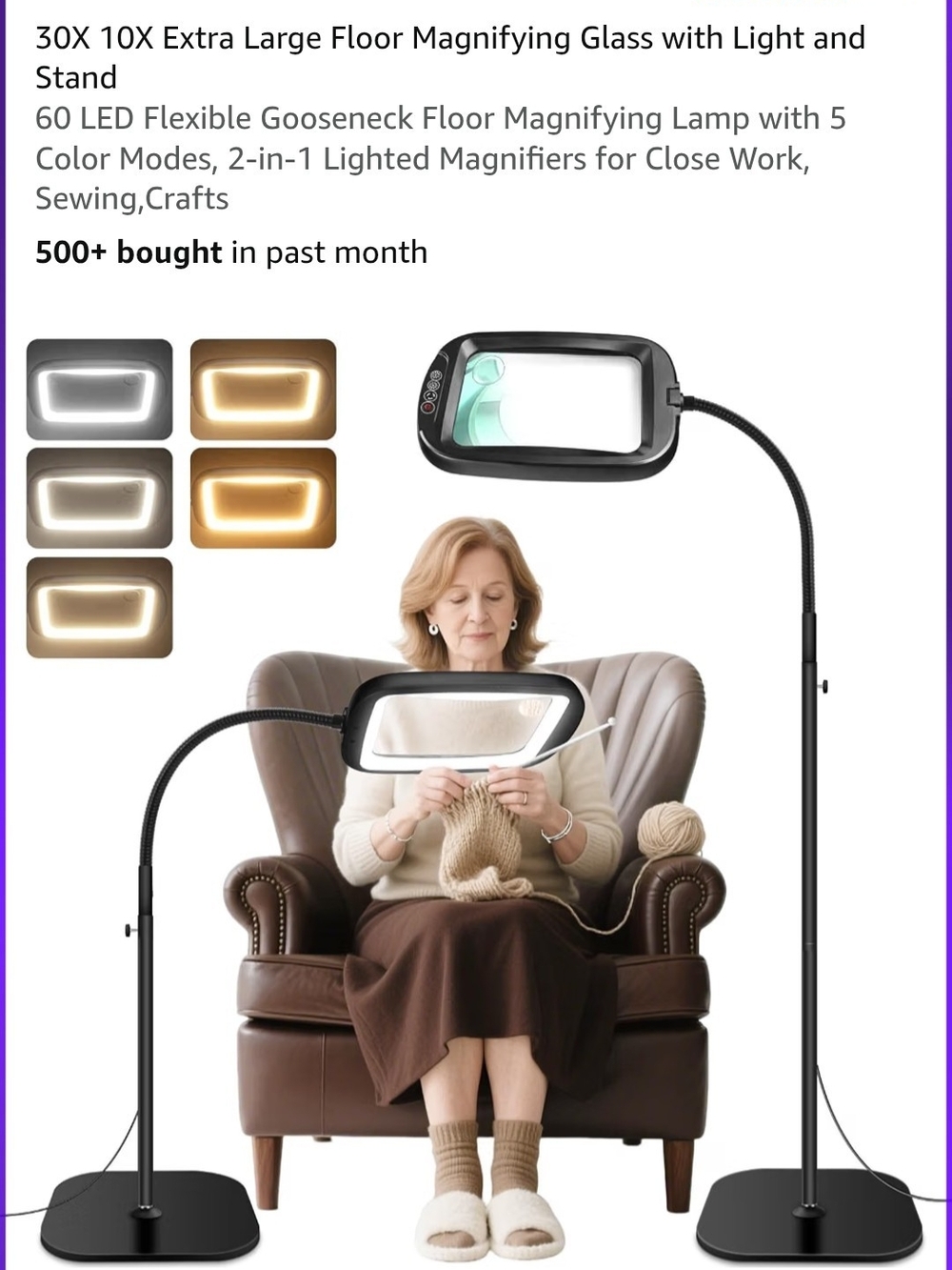 Black Floor Magnifying Lamp with LED Light - Ideal for Reading & Crafts